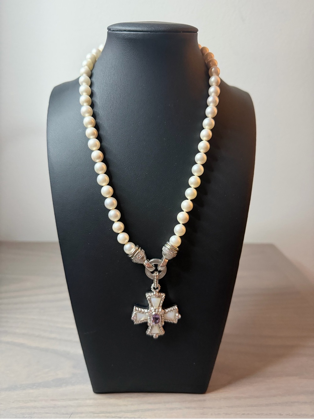 Judith Ripka Pearl Necklace with Magnetic Clasp  Interchangeable Cross Pendants